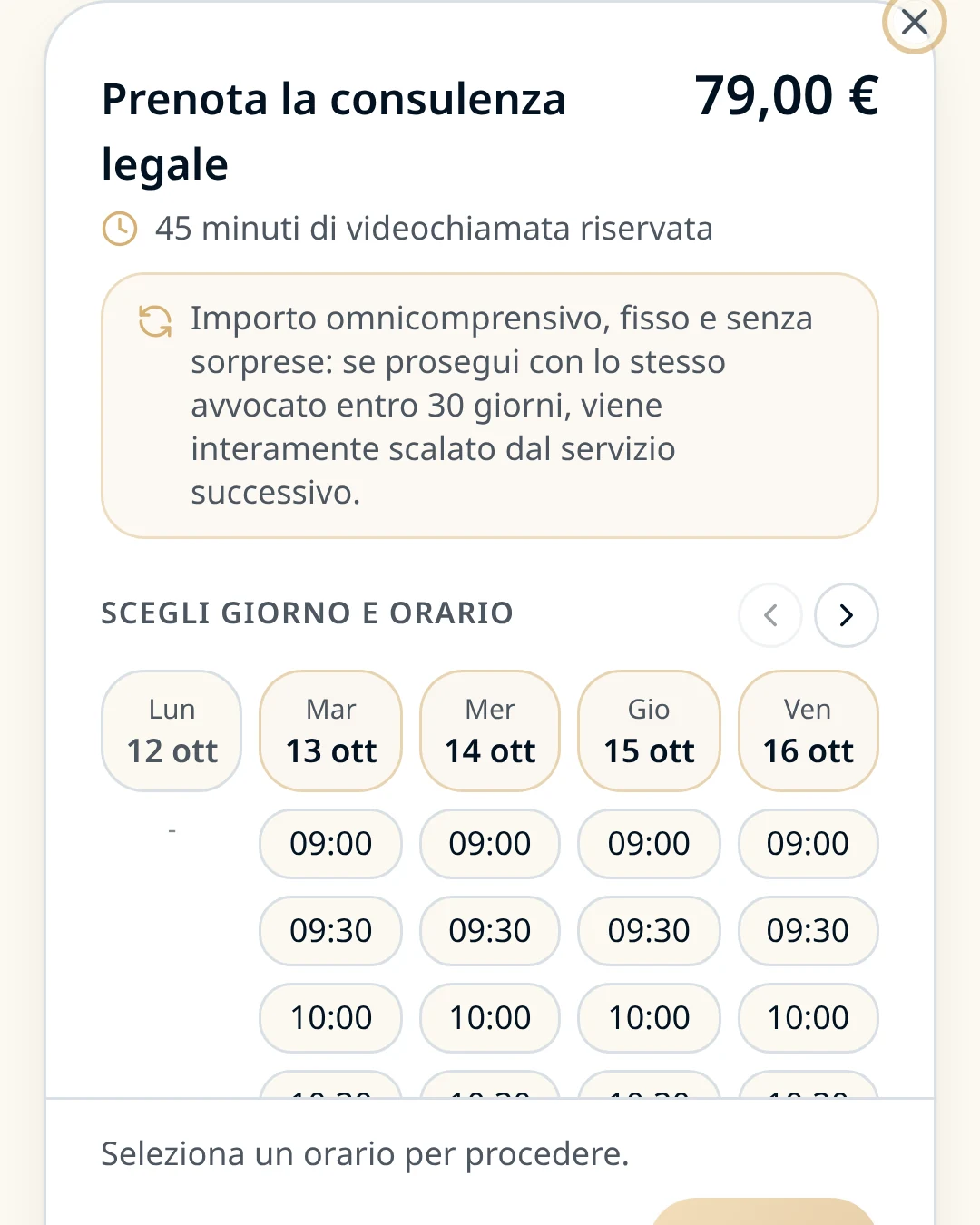 Schermata di prenotazione della consulenza: scelta del giorno e dell'orario disponibile